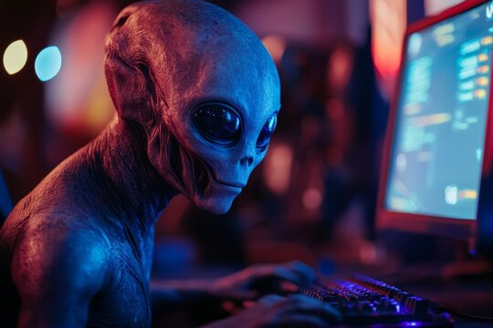 Alien hacker engaging in computer activities in a futuristic gaming environment at nighttime