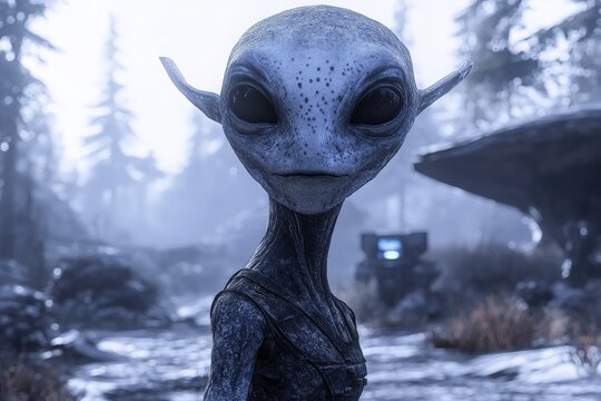 Mysterious alien figure stands in a foggy forest, revealing an otherworldly presence among the trees
