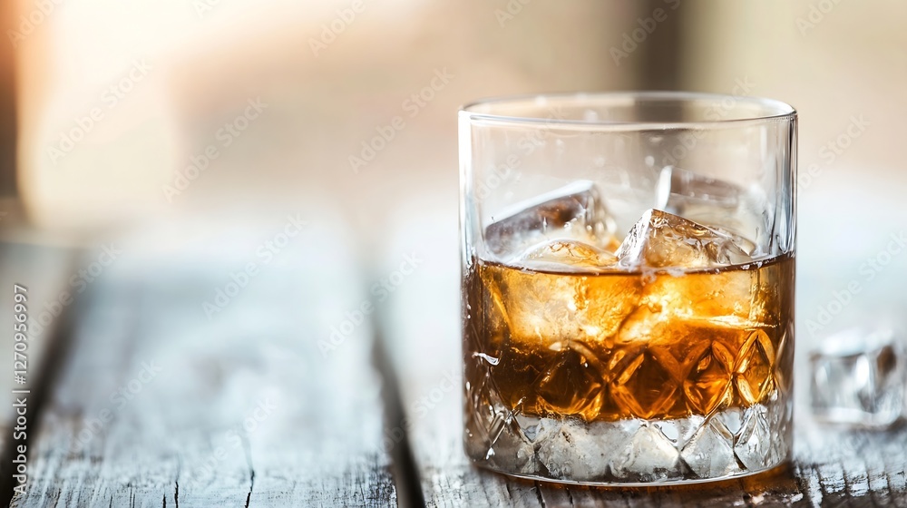 Poster refreshing glass of whiskey with ice cubes on rustic wooden table : generative ai