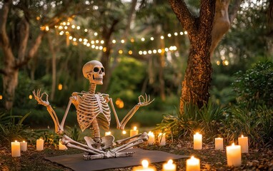 A skeleton leading a yoga class in a peaceful outdoor setting