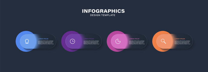Glass morph inforgraphic 4 steps for presentation, web element.  Vector Illustration with icons