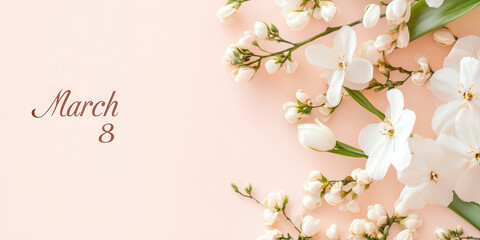 Obraz premium Elegant floral background with white blossoms celebrating international women's day in march for greeting card design