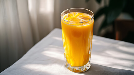 Refreshing drink: A glass filled with vibrant orange juice and ice cubes, perfect for a sunny day.