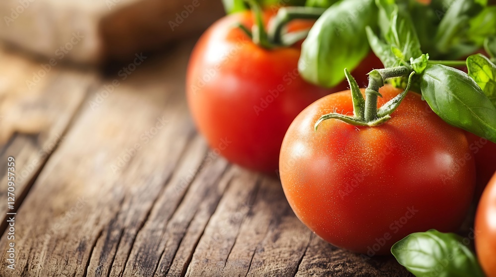 Poster fresh organic tomatoes with basil resting on a rustic wooden surface ready for culinary inspiration 