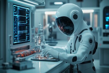 Scientist in a futuristic lab conducts experiments with advanced technology and protective gear