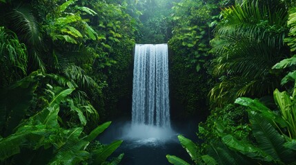 A serene waterfall cascades through lush greenery, surrounded by vibrant foliage, creating a tranquil oasis in nature.
