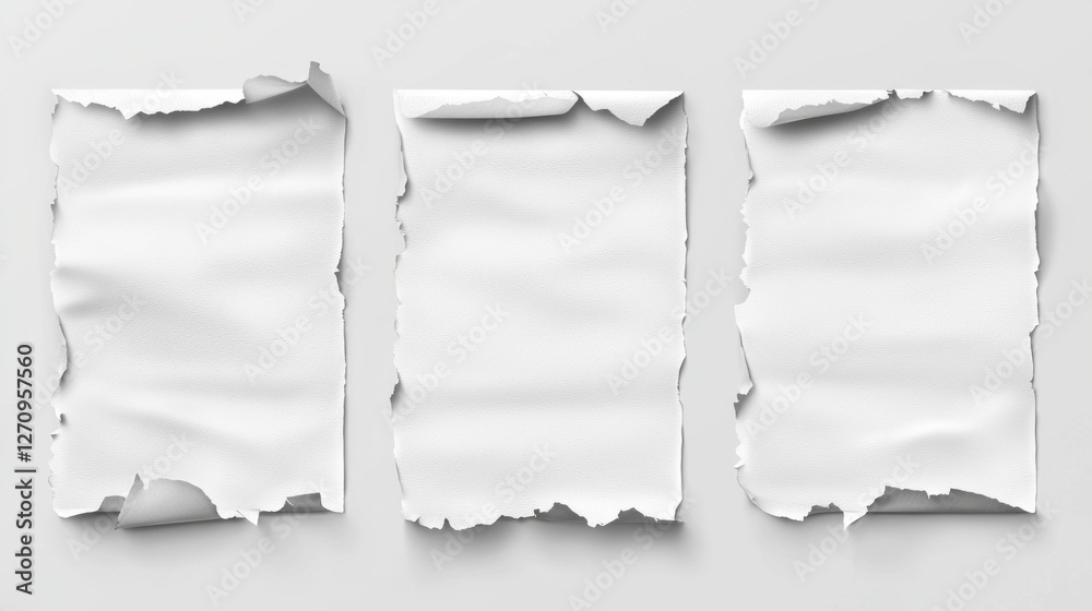 Poster delicate remnants of torn blank pages rest against a neutral background, showcasing unique textures 