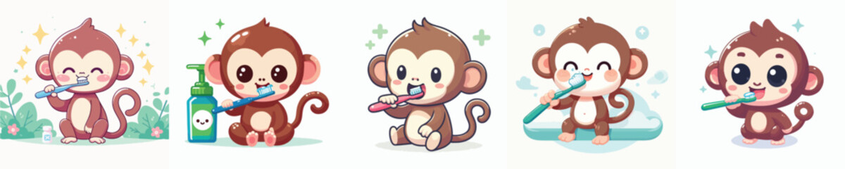 vector of cute monkey brushing his teeth