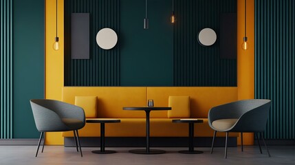 Stylish modern interior featuring cozy seating, vibrant colors, and stylish decor elements, perfect for cafes and lounges.