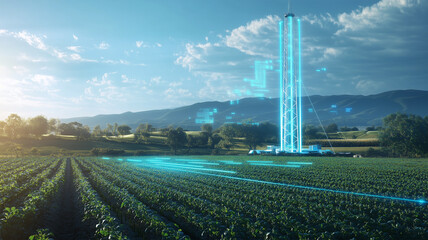 Obraz premium 次世代通信タワーが農村に設置され、遠隔農業を支える未来の風景