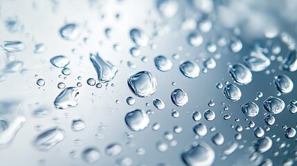 A close-up of water droplets on a glass surface, with light creating an intricate pattern on the droplets and soft shadows in the background