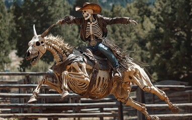 Obraz premium A skeleton rodeo cowboy trying to stay on a bucking bronco