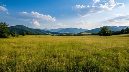 Obraz premium Golden sunlight shining over a vast grassy field surrounded by rolling hills and distant mountains : Generative AI