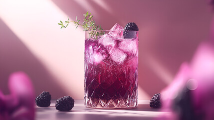Refreshing blackberry drink with ice and thyme, perfect for a summer day with light pink background.