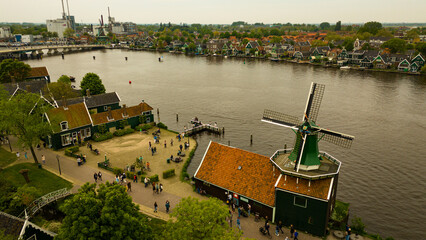 Aerial shot of a Windmill in the old town of Zaanse Schans, Netherlands