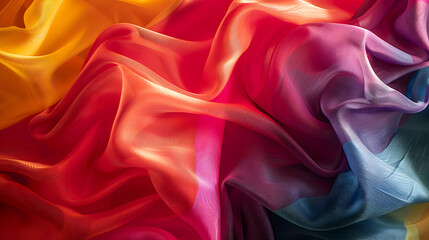 Fototapeta premium Vibrant, flowing silk fabric in warm hues of orange, red, and purple, creating a dynamic visual texture