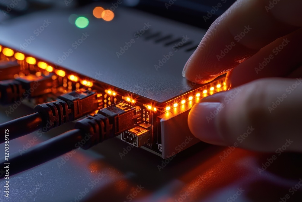Poster close-up of a person plugging in network cables into a router with glowing indicator lights, showcas