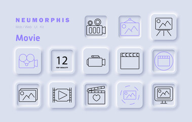 Movie set icon. Camera, film reel, image projection, clapperboard, play button, recording, video production, multimedia, cinema, entertainment, filmmaking, digital media, streaming, creativity