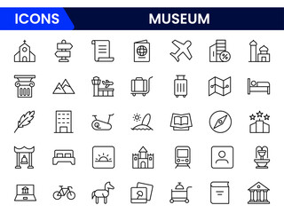 Museum ancient exhibit and service for tourist visit line icons set. Classic pillar, sculpture and painting, book and jewel, museum staff badge thin black and red outline symbols vector illustration