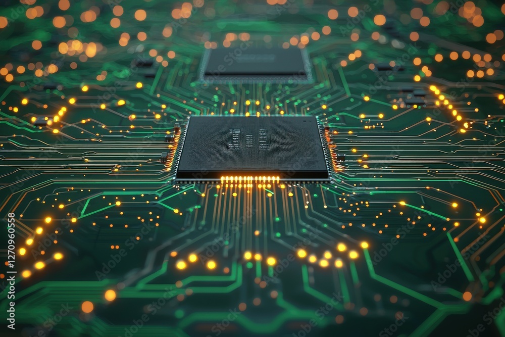 Poster macro shot of a computer motherboard showcasing the complex network of circuits and a central proces