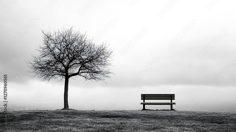Poster Lonely tree and empty bench under a cloudy sky in black and white : Generative AI