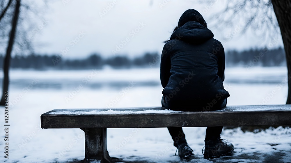 Poster individual sitting on a bench by a frozen lake surrounded by snowcovered trees : generative ai