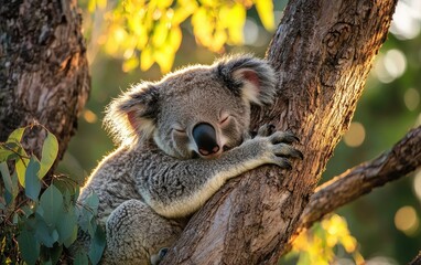 Obraz premium A sleepy koala resting on a eucalyptus tree