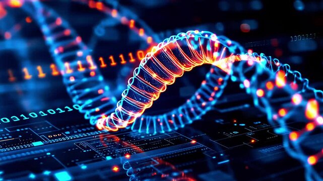 Colorful DNA strand with binary code on a dark background, symbolizing genetic research and technology