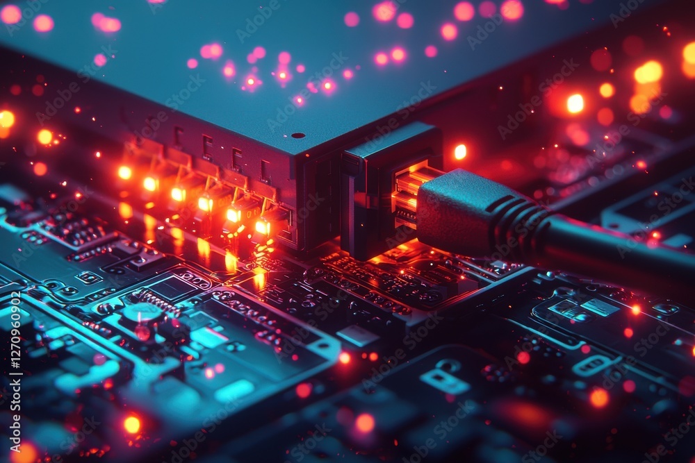 Poster an illuminated ethernet connection on a high-tech circuit board represents network connectivity, dat
