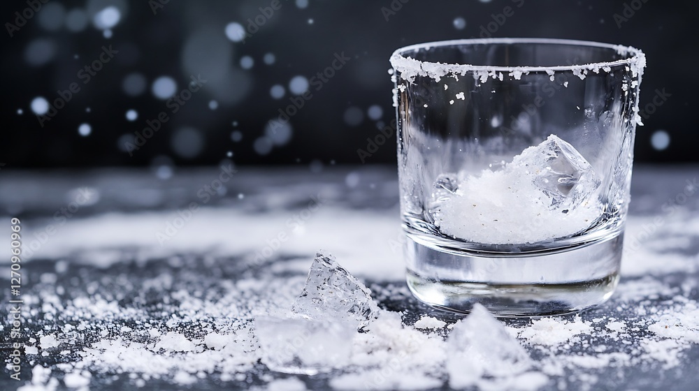 Aufkleber Ice Cubes and Salt Splatter in a Glass on a Dark Surface for an Exquisite Drink Presentation : Generative AI