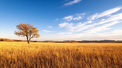 Fototapeta premium Golden Autumn Landscape with Lone Tree Under a Clear Blue Sky in a Serene Field : Generative AI