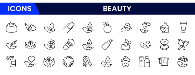 Beauty and Spa set of web icons in line style. Cosmetics services & Spa icons for web and mobile app. Spa treatments, skin care, massage, hyaluronic acid, serum, anti ageing, pore tighten, cosmetology