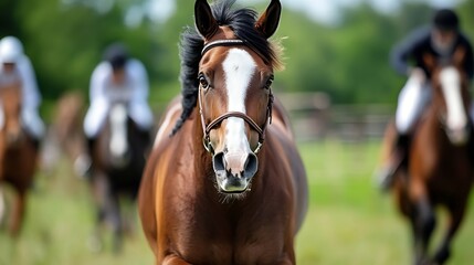 Fototapeta premium Dynamic portrait of a horse with riders in the background captured in natural outdoor light : Generative AI