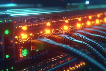 A close-up shot of a server rack with connected ethernet cables and glowing LED lights, showcasing the network infrastructure and data transmission process.