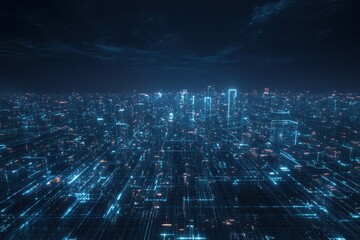 Futuristic Neon Cityscape Illuminated at Night with Digital Grid Patterns