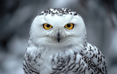 Fototapeta premium A snowy owl gazing intensely with piercing yellow eyes