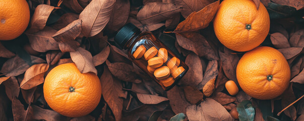 Medicine Bottle with Oranges and Greenery