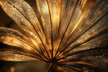 Abstract golden palm leaf with sparkling textures, radiating sunlight and creating a luxurious and elegant botanical illustration with a touch of magic.