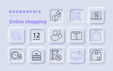 Online shopping set icon. Financial transactions, market analysis, digital payments, e-commerce security, discount tracking, savings, warehouse management, budget planning, currency