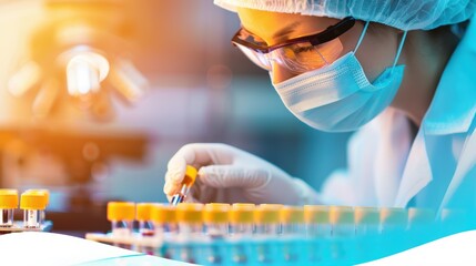 Laboratory technician handling vials in a clinical setting.