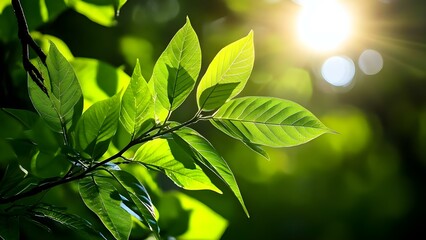 Obraz premium Bright green leaves illuminated by sunlight, with a blurred background of more foliage. Concept Nature Photography, Sunlight Effects, Greenery Close-up, Blurred Background, Foliage Details