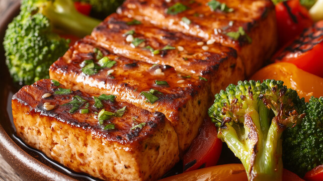 香ばしく焼き上げた豆腐ステーキと新鮮野菜のヘルシーディッシュ