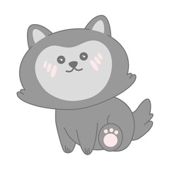 Kawaii wolf in a cute pose. Adorable wild forest animal vector illustration. Cartoon wildlife. Isolated on white background