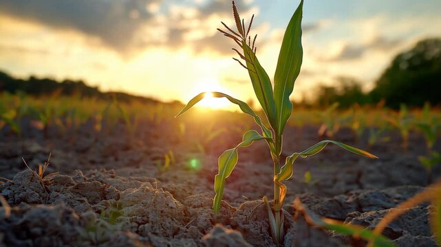 withered corn farmland, crops in drought plantation ground under black storm cloud, environmental weather and food crisis concept	
