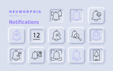 Notifications set icon. Urgent alerts, priority updates, system warnings, sound notifications, customization, reminders, security messages, schedule settings, management, optimization