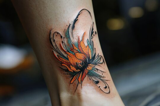 Close up of orange floral tattoo art on skin, showcasing vibrant colors and intricate details of a unique design, highlighting the beauty of body art