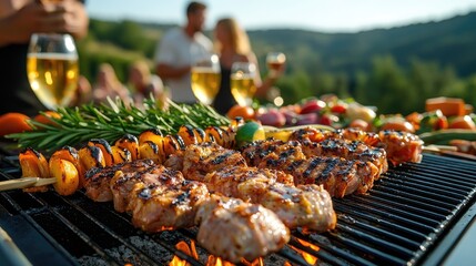 Grilled skewers, friends enjoying drinks, scenic background, summer BBQ