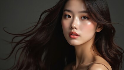 Close-up portrait of Asian woman with long brunette hair, beauty shot. Clean fresh skin, elegant make-up. Hair care, hairstyle, hairdressing demo for cosmetics product. Sensuality, glamour, fashion