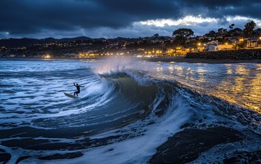 A surfer trying to escape an enormous tsunami wave
