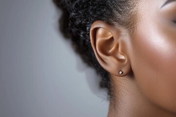 A serene close-up of a woman's ear featuring a minimalist stud earring, highlighting the beauty of simplicity and the elegance of subtle adornment against soft skin.